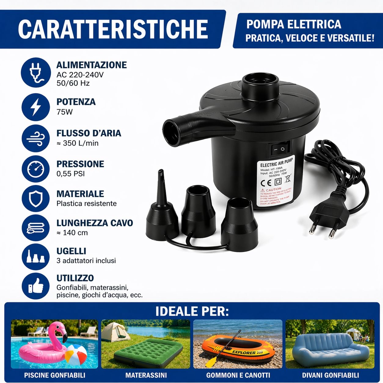 Pompa Elettrica 220V Gonfiabili Piscina Materassini Gommoni Gonfiatore 3 Ugelli