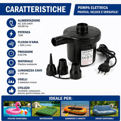 Pompa Elettrica 220V Gonfiabili Piscina Materassini Gommoni Gonfiatore 3 Ugelli