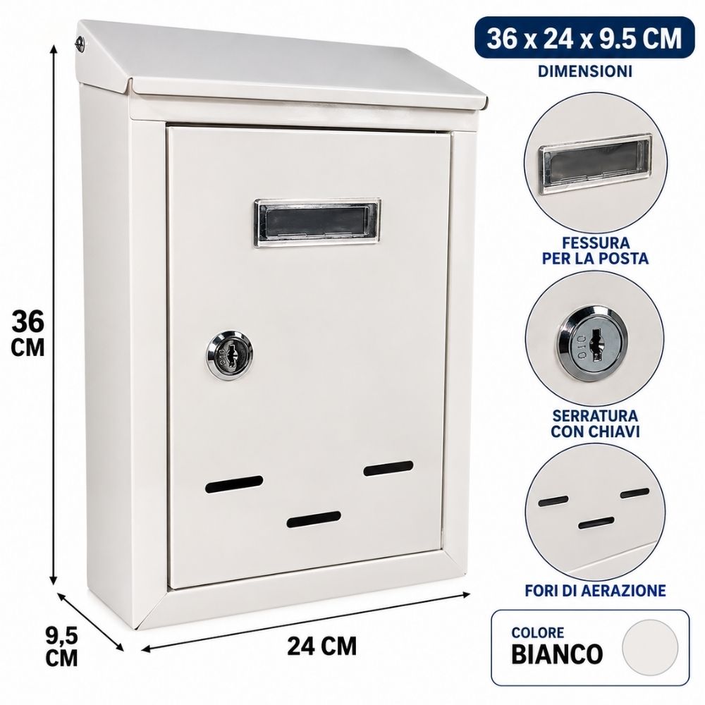 Cassetta della Posta Metallo 2 Chiavi 36X24X9.5 CM Postale Buca Lettere Bianco