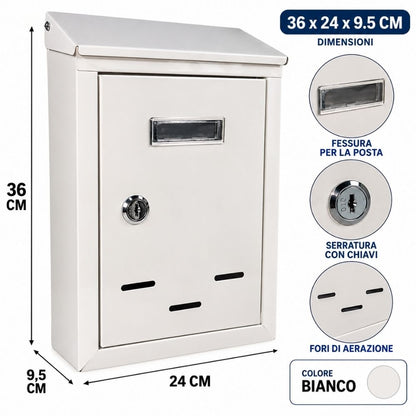 Cassetta della Posta Metallo 2 Chiavi 36X24X9.5 CM Postale Buca Lettere Bianco
