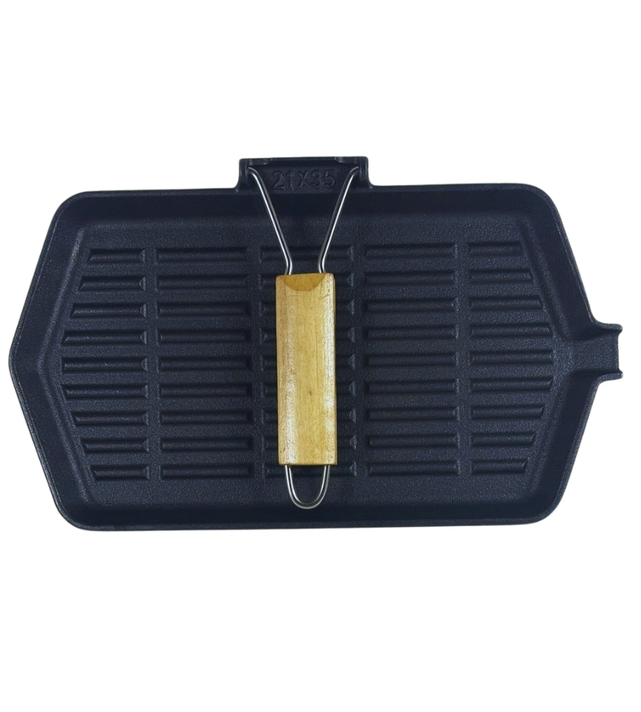 Bistecchiera in Ghisa Rettangolare 35 x 21 cm Antiaderente Manico in Legno