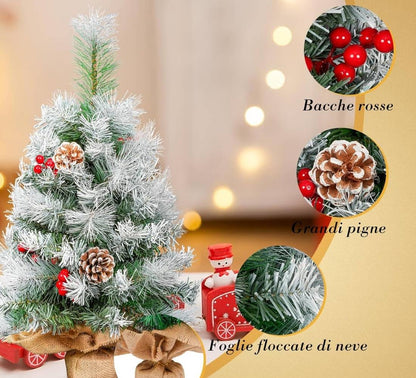 Albero di Natale innevato con Bacche e Pigne Piede in yuta 60 cm Ø 38 cm