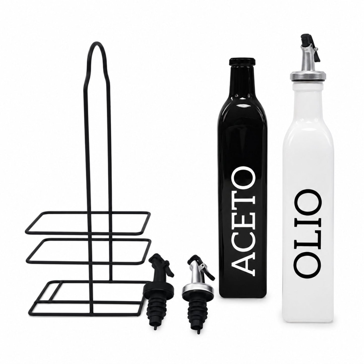 Set Olio Aceto 2 Bottiglie da 500ml con Supporto Metallo Dosatore Cucina Design