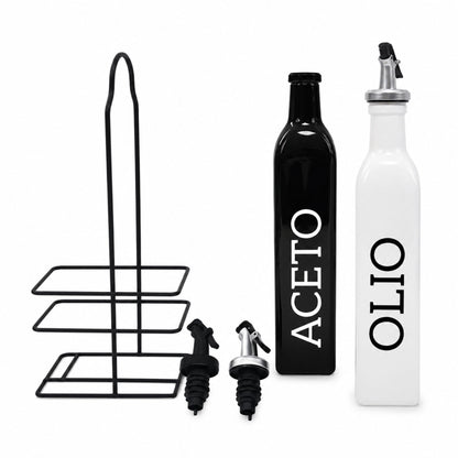 Set Olio Aceto 2 Bottiglie da 500ml con Supporto Metallo Dosatore Cucina Design