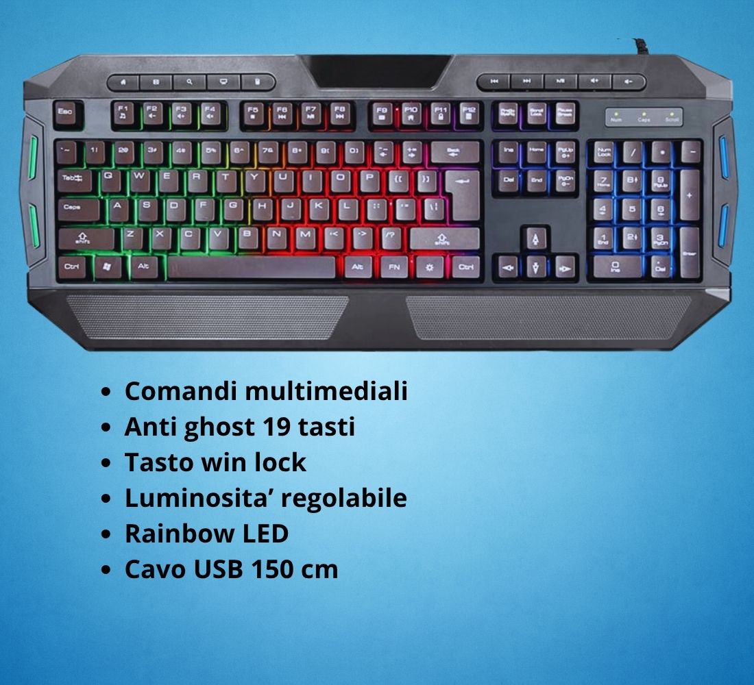 Tastiera Gaming Retroilluminata LED 7 Colori Multimediale QWERTY Italia USB