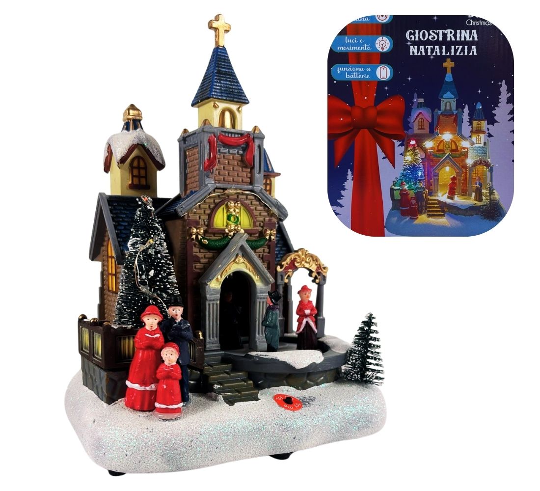 Giostrina Natalizia Chiesa con Personaggi in Movimento Luci LED Musica di Natale