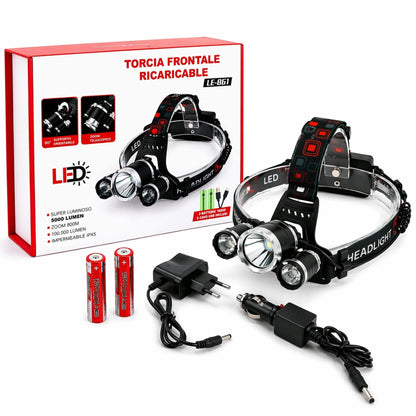 Torcia Frontale 3 LED 5000 Lumen USB Ricaricabile Impermeabile 2 Batterie 18650