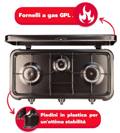 Fornello a Gas Tre Fuochi 3 Bruciatori GPL Cucina Campeggio esterno Nero