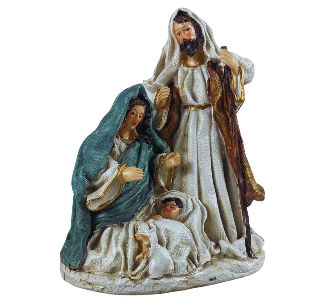 Natività Presepe Statuina Effetto Juta Giuseppe Madonna Gesù Bambino 18x15 cm