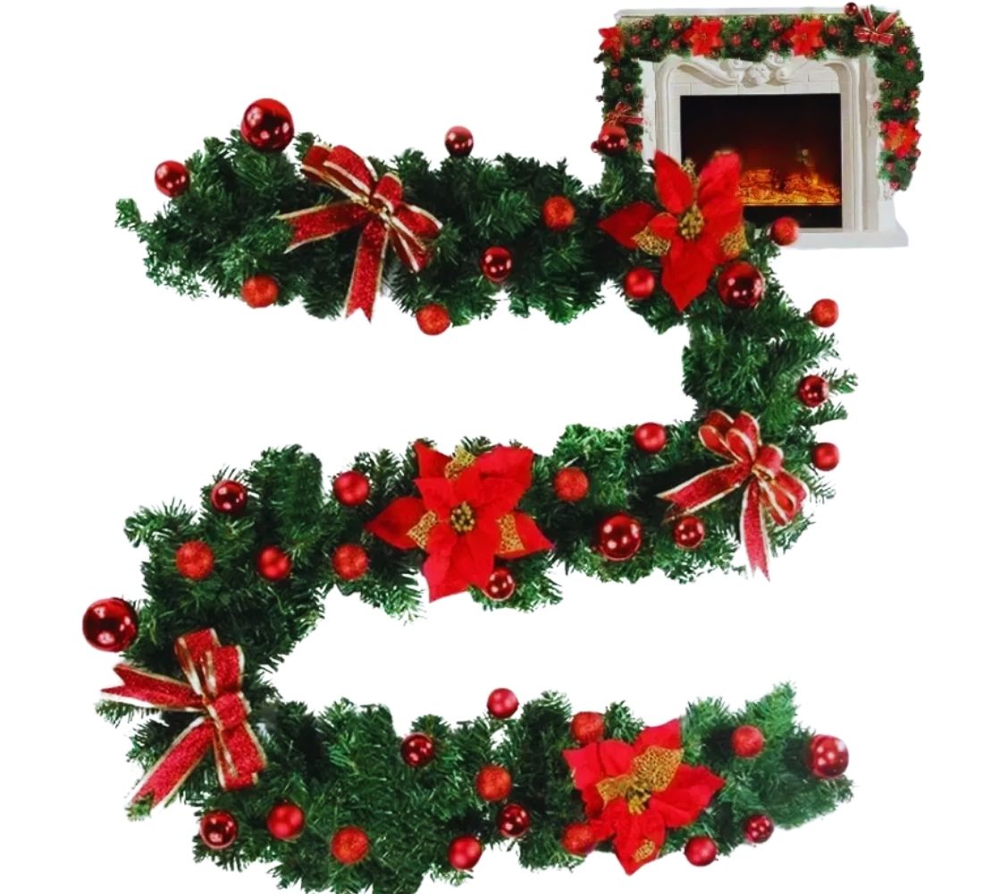 Ghirlanda Addobbata Natalizia Folta 2 Metri Fiocchi e Palline Decorazioni