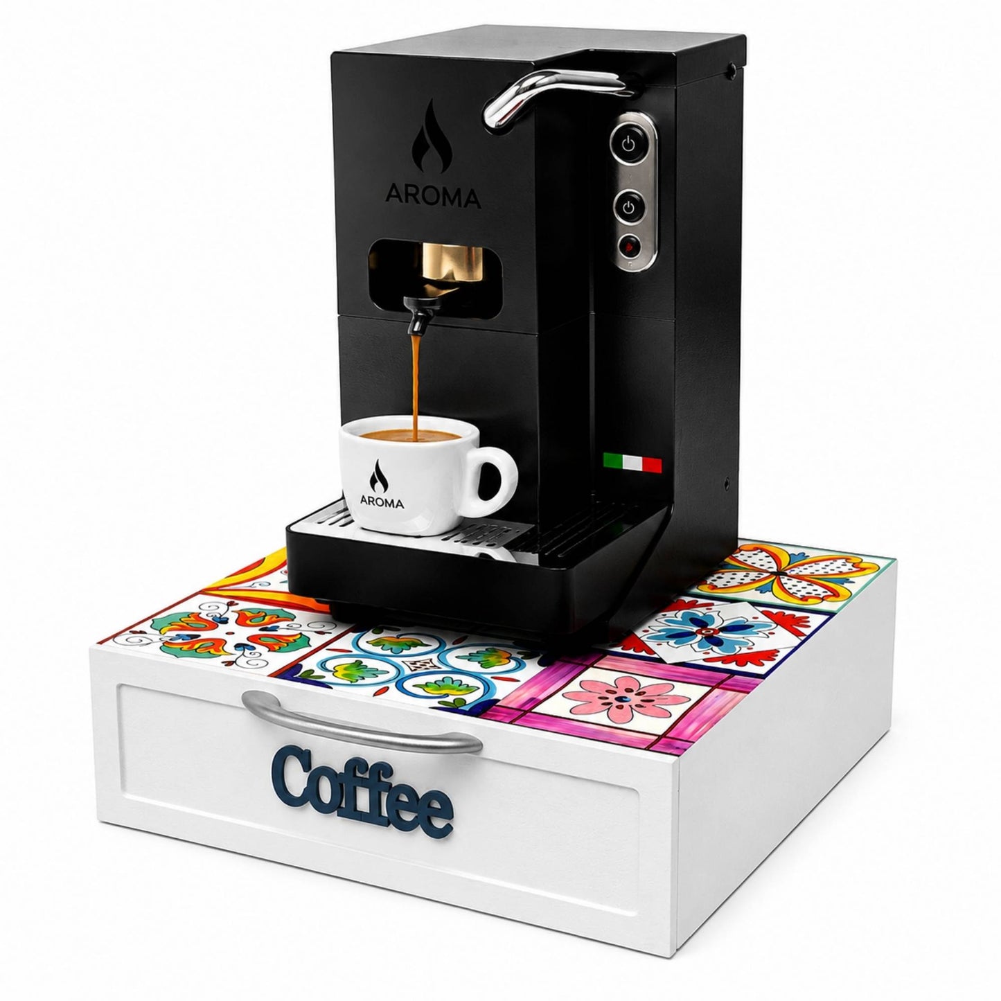 Cassetto Porta Cialde Caffè 3 Scomparti Legno Bianco Maioliche Fluo 30x30x10 cm