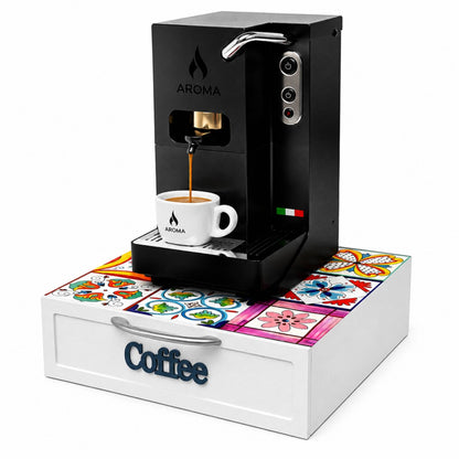 Cassetto Porta Cialde Caffè 3 Scomparti Legno Bianco Maioliche Fluo 30x30x10 cm