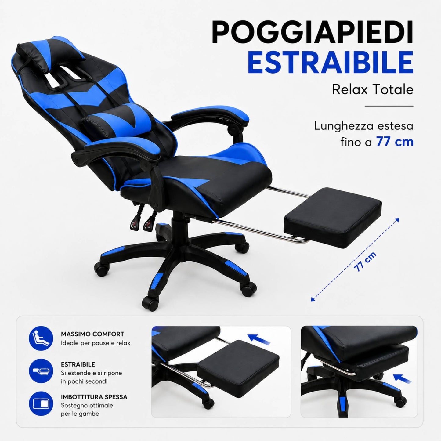 Sedia Gaming Poltrona Scrivania Ufficio Casa Reclinabile Poggiapiedi Blu/Black