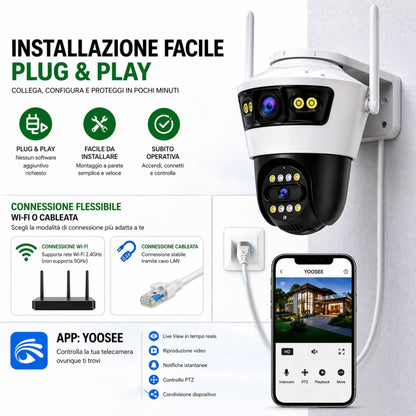 Telecamera wifi doppio obiettivo esterna senza fili hd notturna allarme sicurezza casa