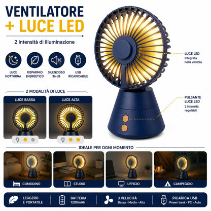 Mini Ventilatore da Tavolo Portatile con Batteria Ricaricabile Luce Led usb