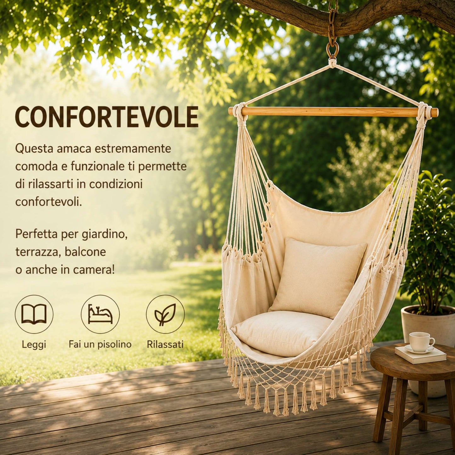 Amaca Poltrona Sospesa Brasiliana Cotone Ecrù Sedia Dondolo Giardino 130 x 97cm