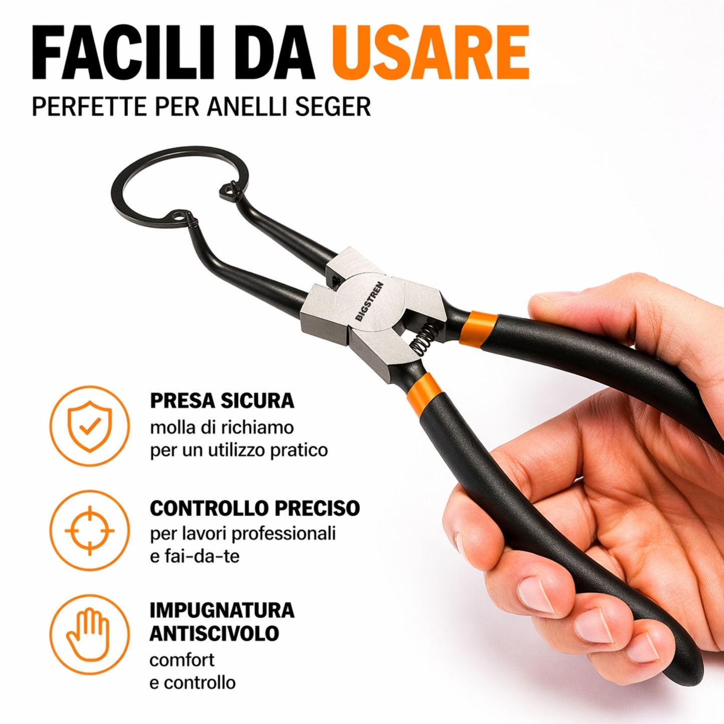 SET 4 Pinze Seeger Anelli Elastici Fermi Interne Esterne Dritte Curve Acciaio