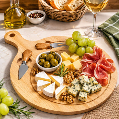 Tagliere Tondo Legno 29,5 cm con 2 Coltelli Formaggio Salumi Aperitivo