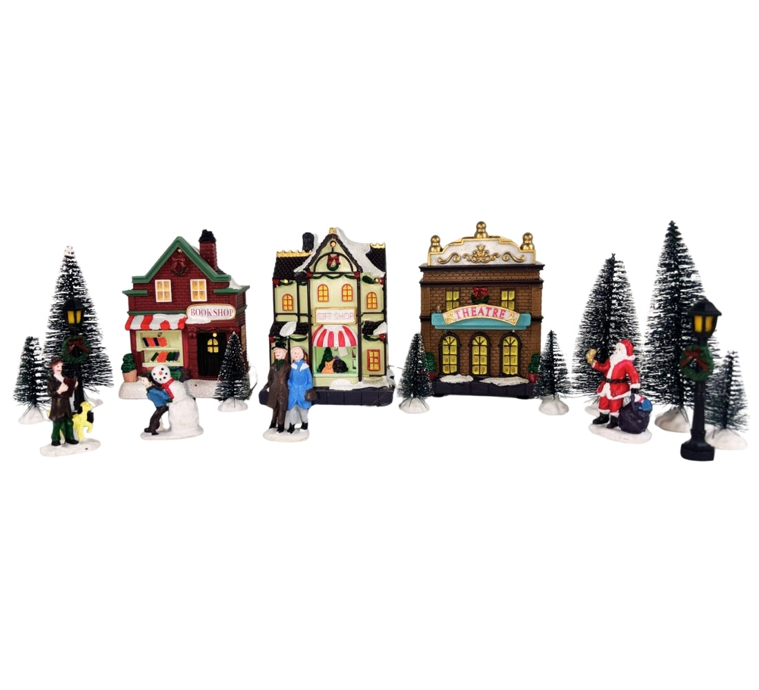 Villaggio Natalizio Casette Personaggi Alberi Natale Scenario 17pz Luci LED