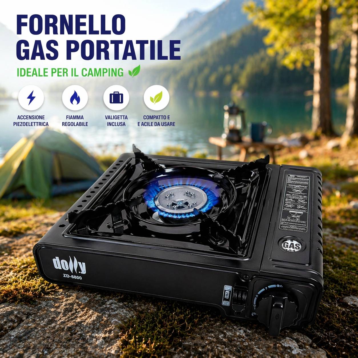 Fornello Gas Portatile Camping con Valigetta Accensione Piezo 1 Fuoco Compatto