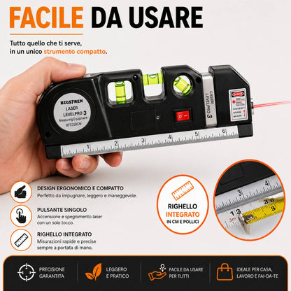 Livella Laser con Metro a Nastro 250 cm Misuratore Linee Multifunzione