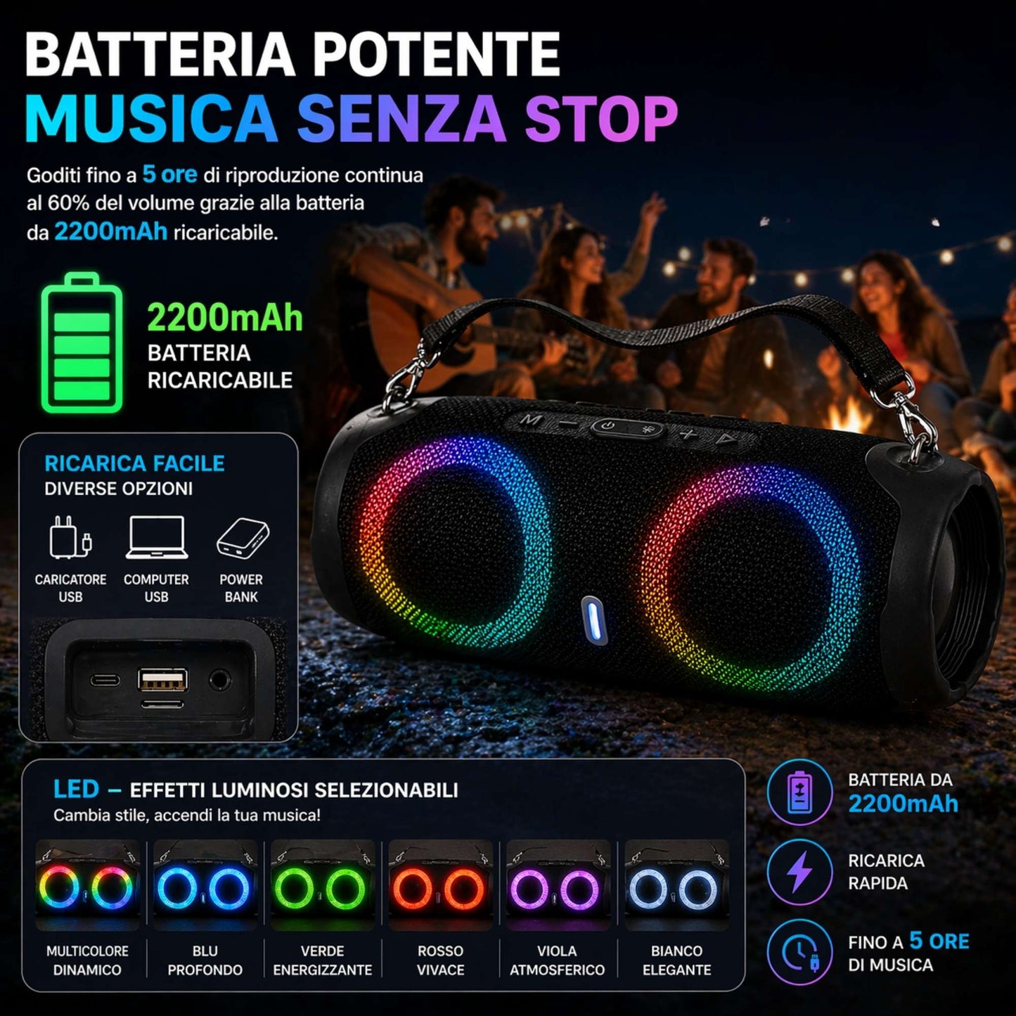 Speaker Cassa Bluetooth Altoparlante Waterproof WiFi USB Portatile CH6