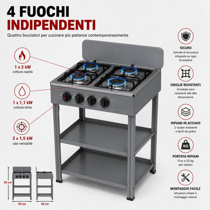 Fornello Gas 4 Fuochi con Ripiani Acciaio Cucina Esterno Mobile Compatto Grigio