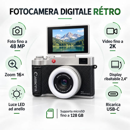 Fotocamera Digitale Foto 48MP Video 2K Zoom 16x Display Ribaltabile USB-C