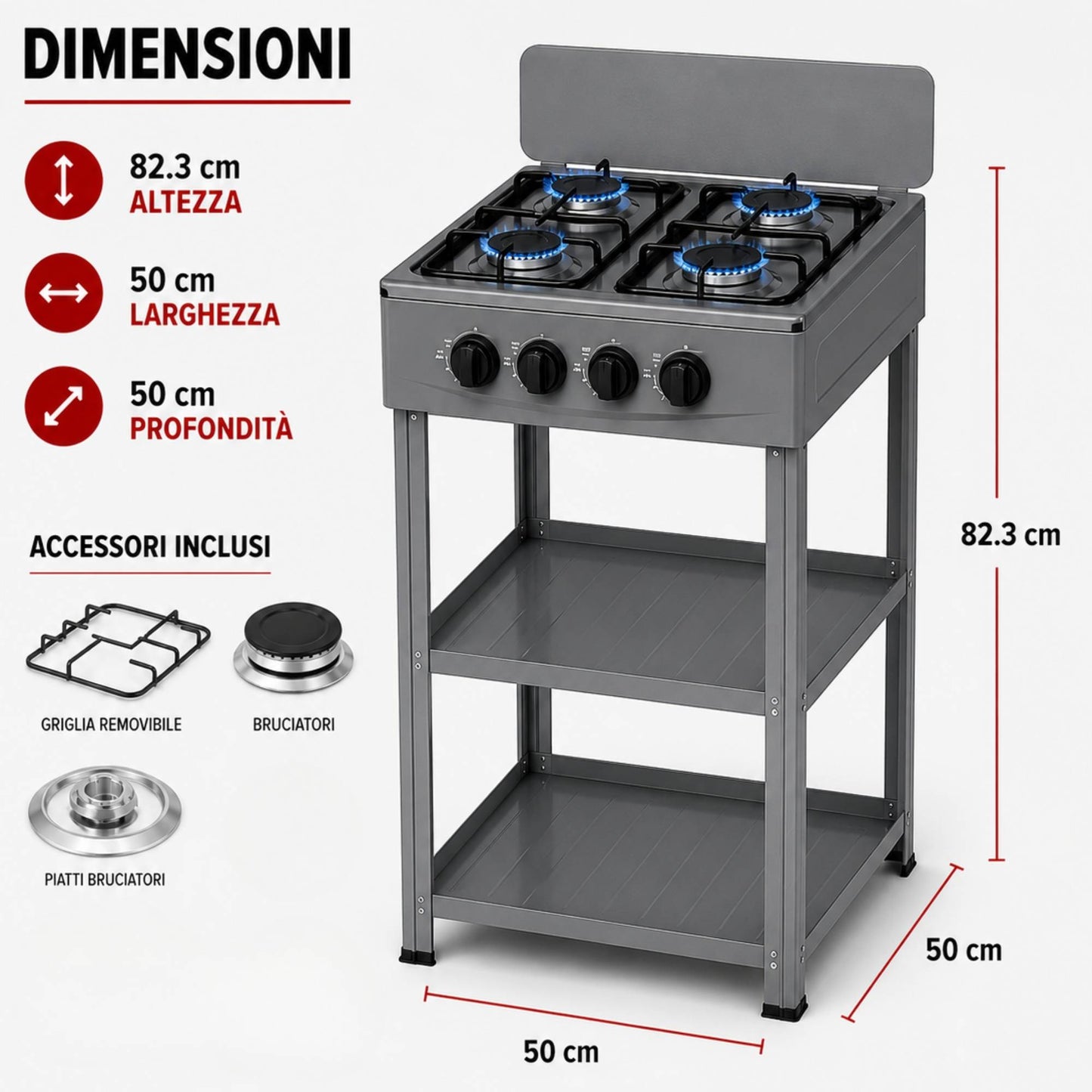 Fornello Gas 4 Fuochi con Ripiani Acciaio Cucina Esterno Mobile Compatto Grigio
