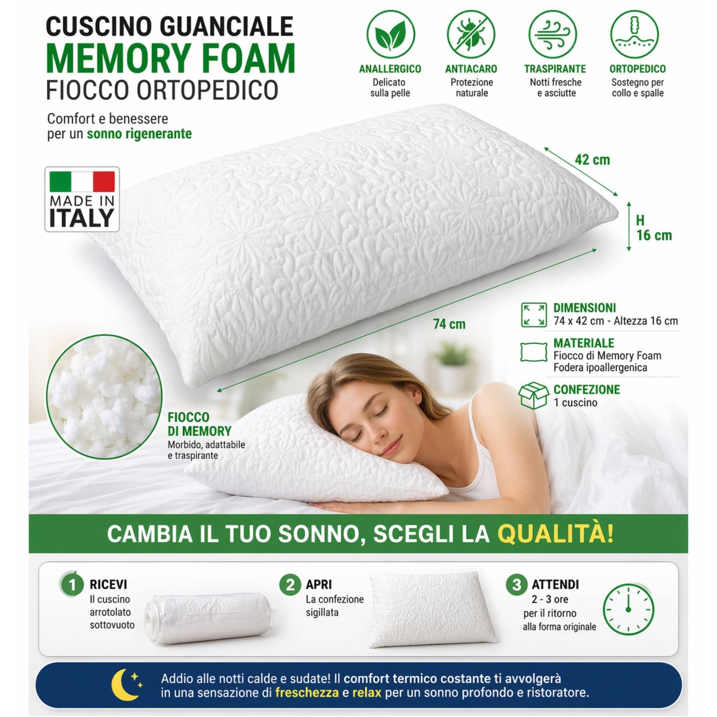 Cuscino Guanciale Ortopedico Fiocco Memory Anallergico Antiacaro 74X42 H 16 cm