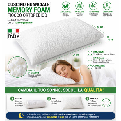 Cuscino Guanciale Ortopedico Fiocco Memory Anallergico Antiacaro 74X42 H 16 cm