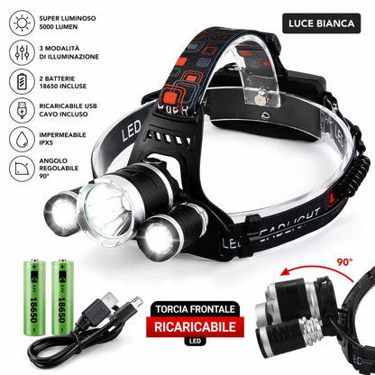 Torcia Frontale 3 LED 5000 Lumen USB Ricaricabile Impermeabile 2 Batterie 18650