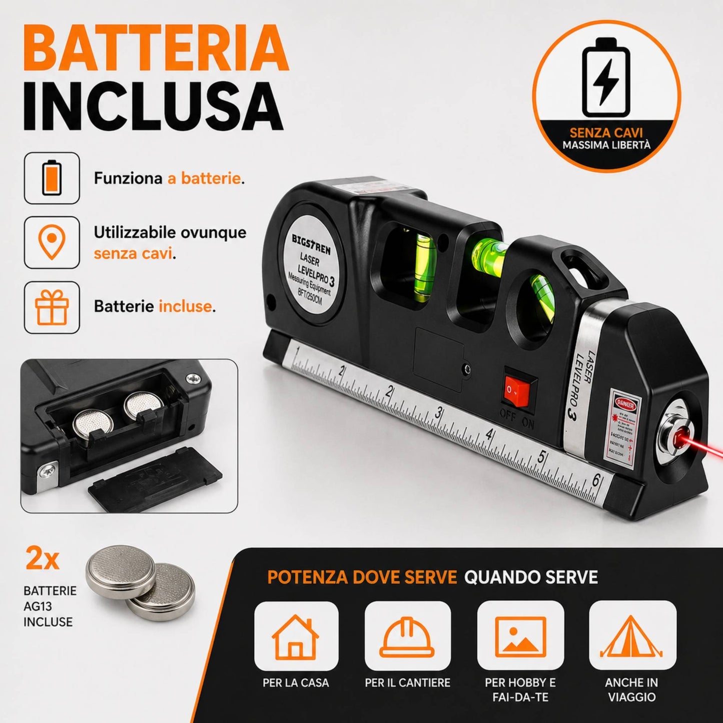 Livella Laser con Metro a Nastro 250 cm Misuratore Linee Multifunzione