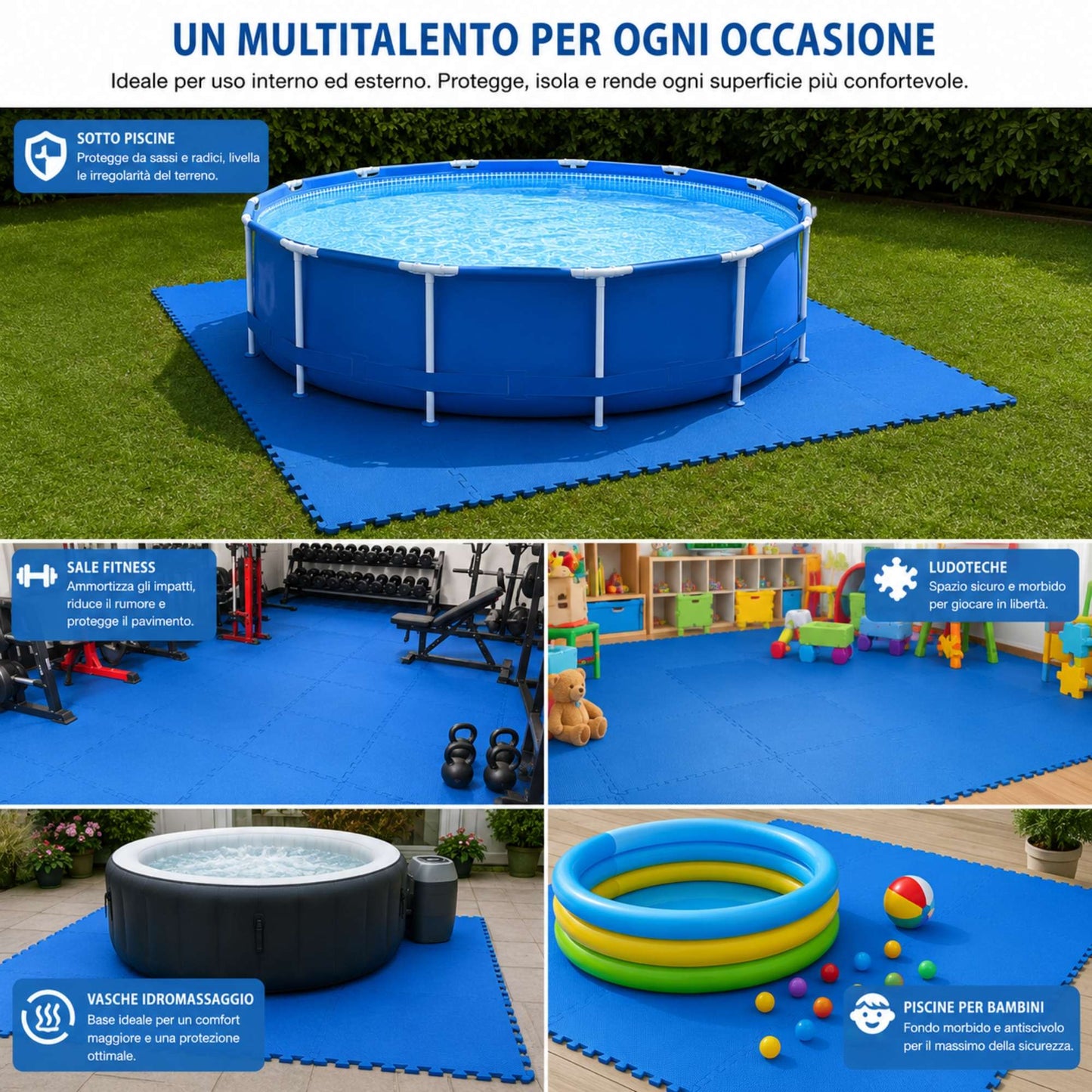 Tappeto Puzzle EVA Fondo Piscina 4 Pezzi 60x60x1 cm Tappetino Antiscivolo Blu