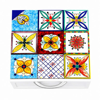 Cassetto Porta Cialde Caffè 3 Scomparti Legno Bianco Maioliche Fiori 30x30x10 cm