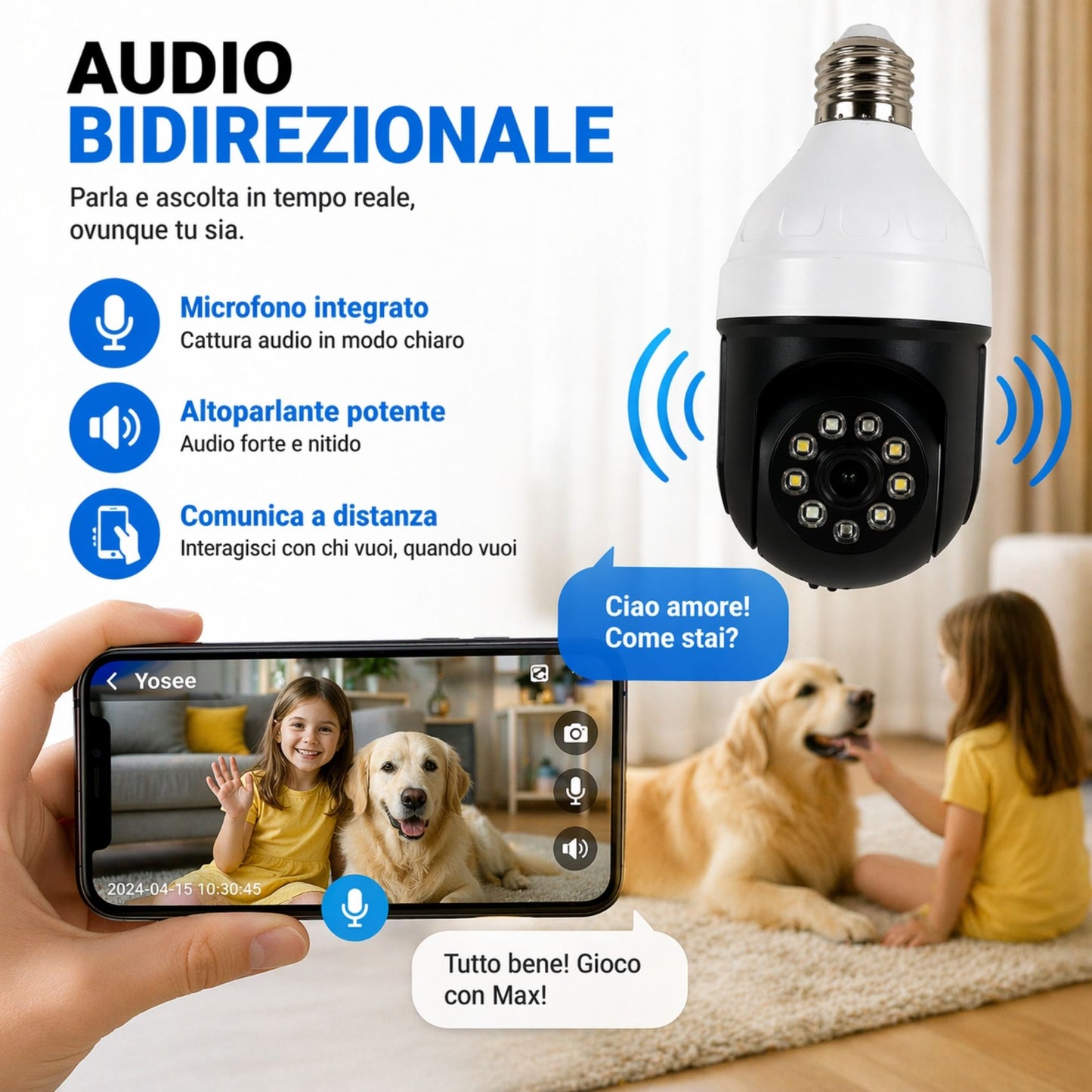 Telecamera WiFi Lampadina 360° 1080P IP Bulb Camera E27 Visione Notturna