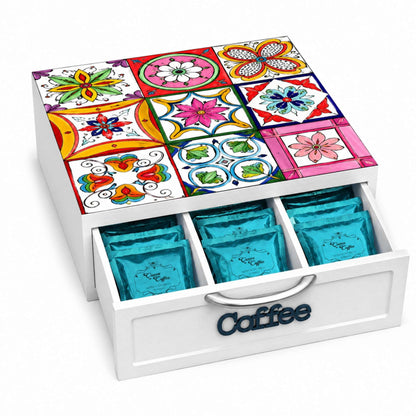 Cassetto Porta Cialde Caffè 3 Scomparti Legno Bianco Maioliche Fluo 30x30x10 cm