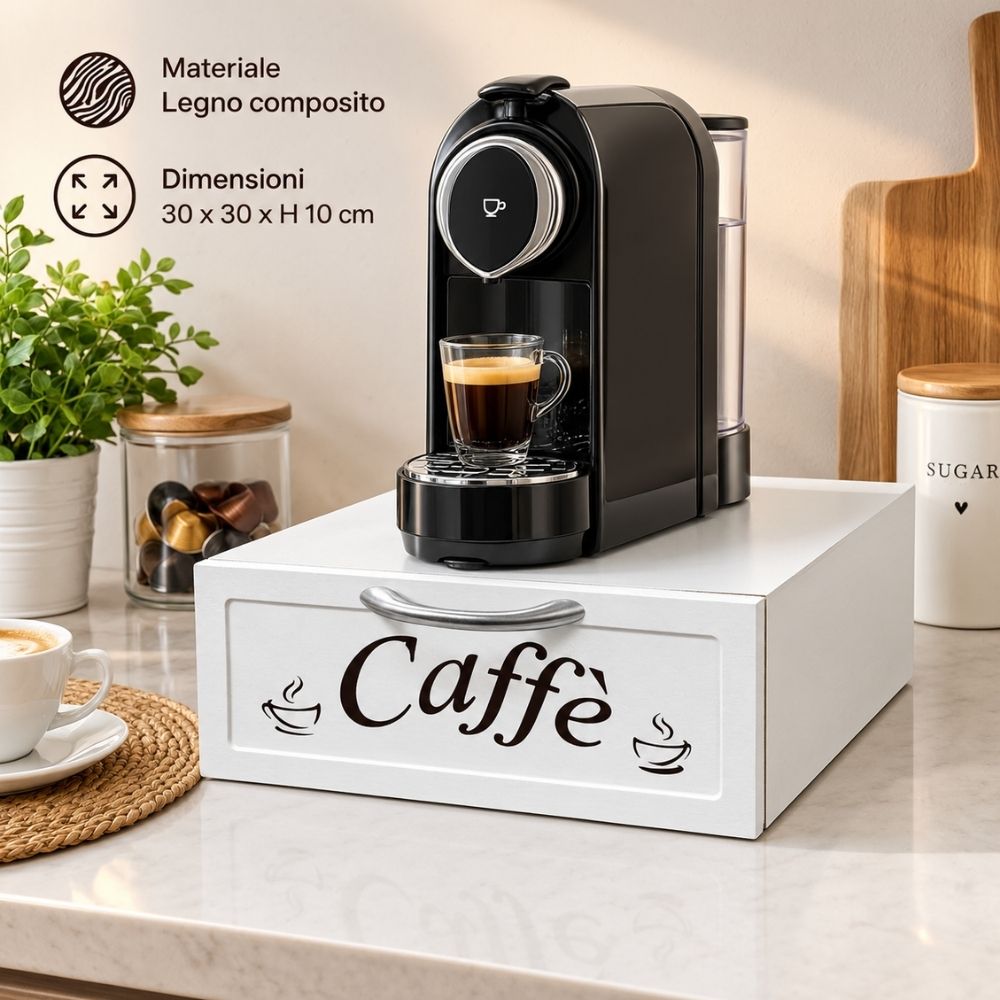 Cassetto Porta Cialde Capsule in Legno Organizer 30x30x10 cm Bianco Coffee
