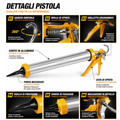 Pistola Silicone Cartuccia 600ml Alluminio Professionale 6 Beccucci 5 Spatole