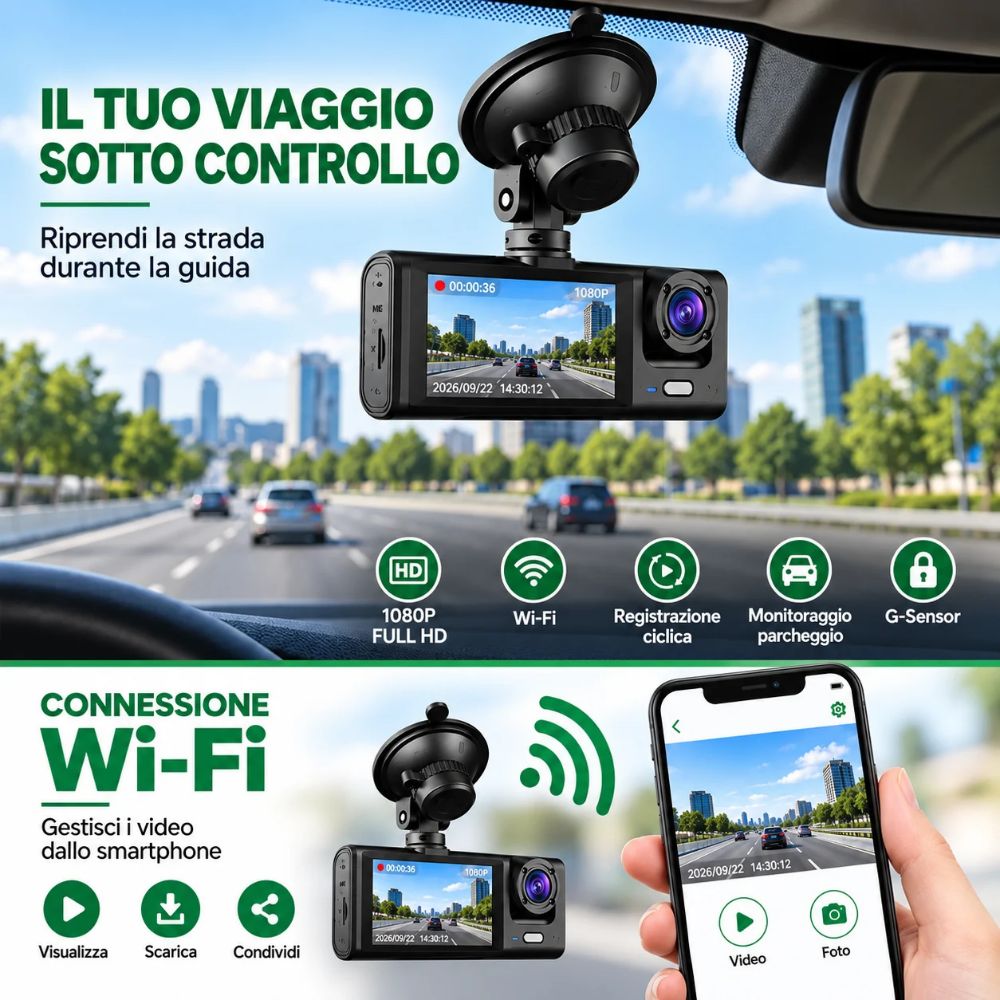 Dashcam Auto 3 Telecamere 1080P WiFi G-Sensor con Camera Posteriore e Ventosa