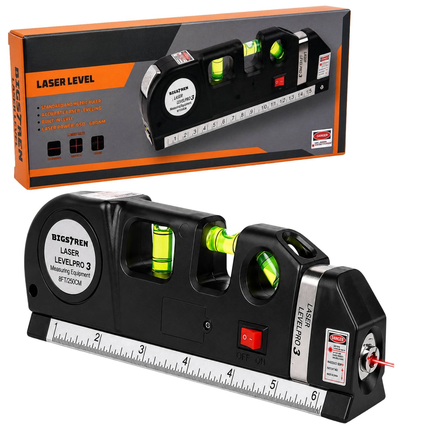 Livella Laser con Metro a Nastro 250 cm Misuratore Linee Multifunzione
