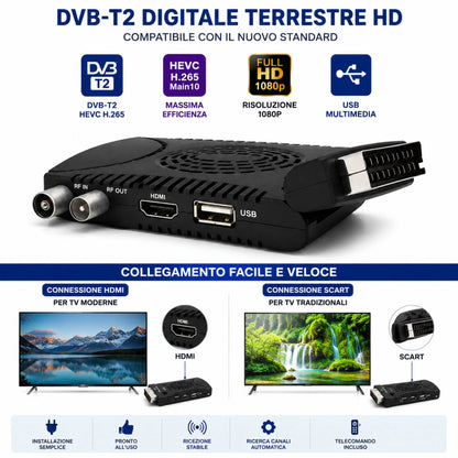 Decoder Dvb-T2 HDTV Box Digitale Terrestre Hd Usb Hdmi Presa Scart