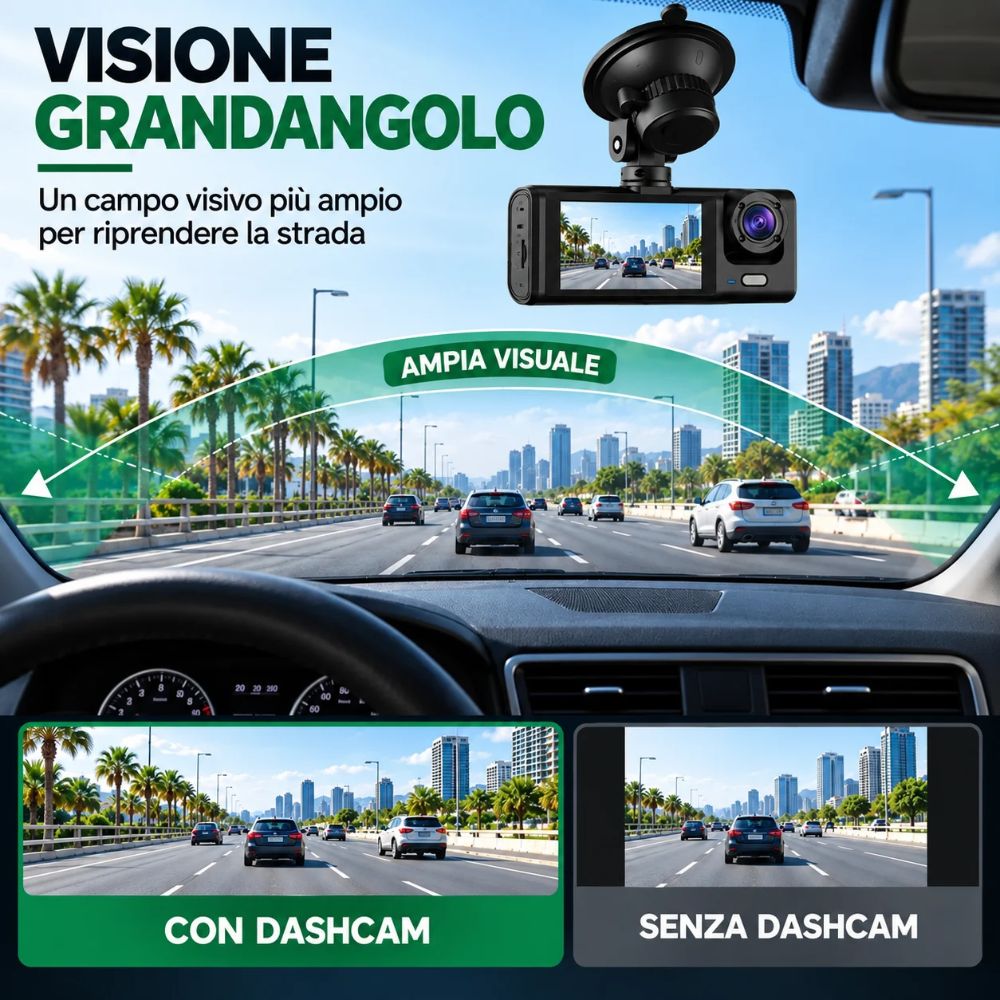 Dashcam Auto 3 Telecamere 1080P WiFi G-Sensor con Camera Posteriore e Ventosa