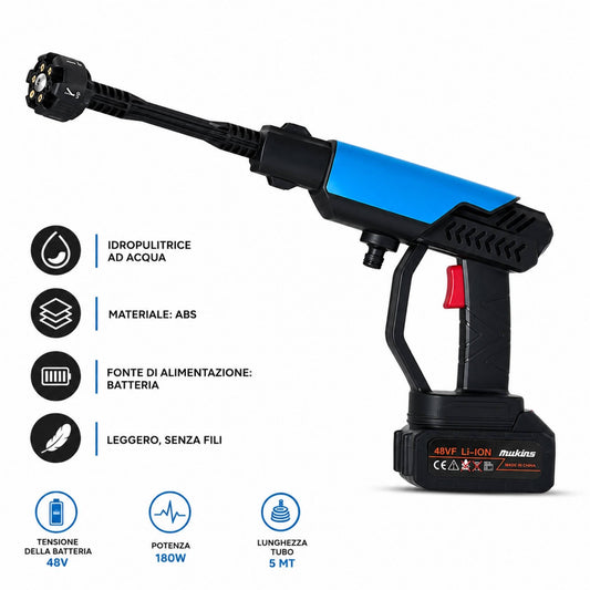 Idropulitrice Portatile Batteria 48V 180W 2 Batterie 6 Getti Lavaggio Auto