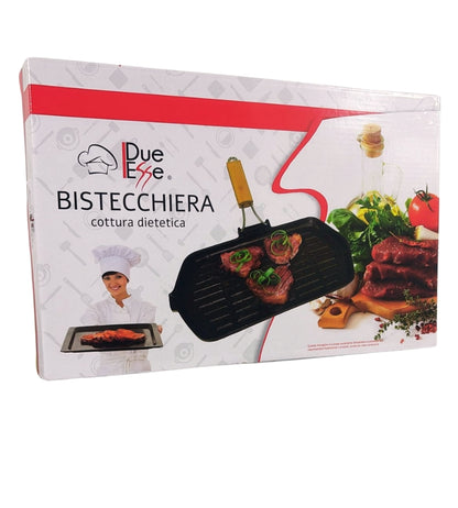 Bistecchiera in Ghisa Rettangolare 35 x 21 cm Antiaderente Manico in Legno