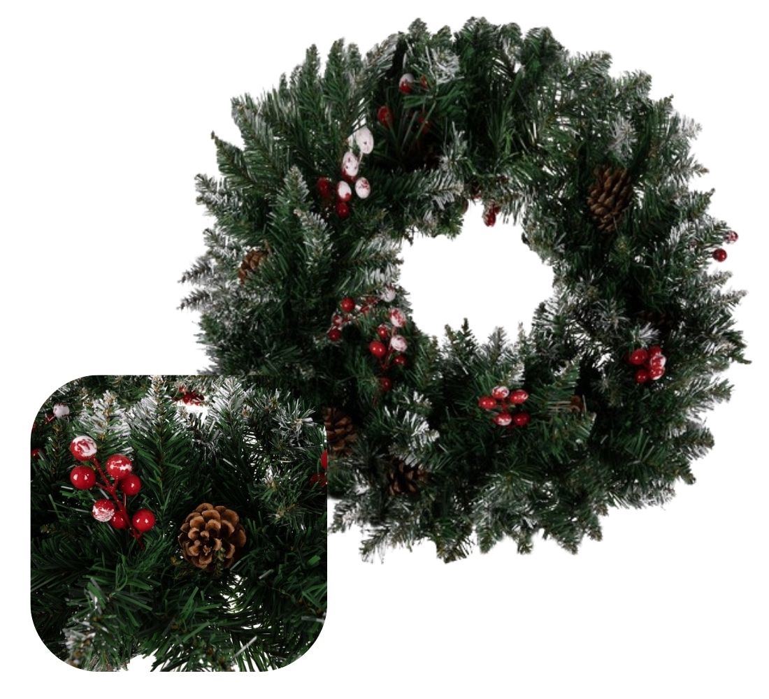 Ghirlanda innevata Natalizia Folta Diametro 45 cm Pigne e Bacche Interno Esterno