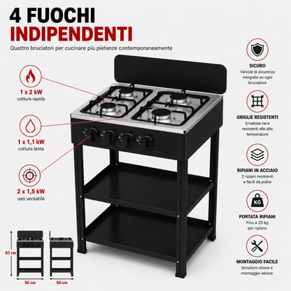 Fornello Gas 4 Fuochi con Ripiani Acciaio Cucina Esterno Mobile Compatto Nero