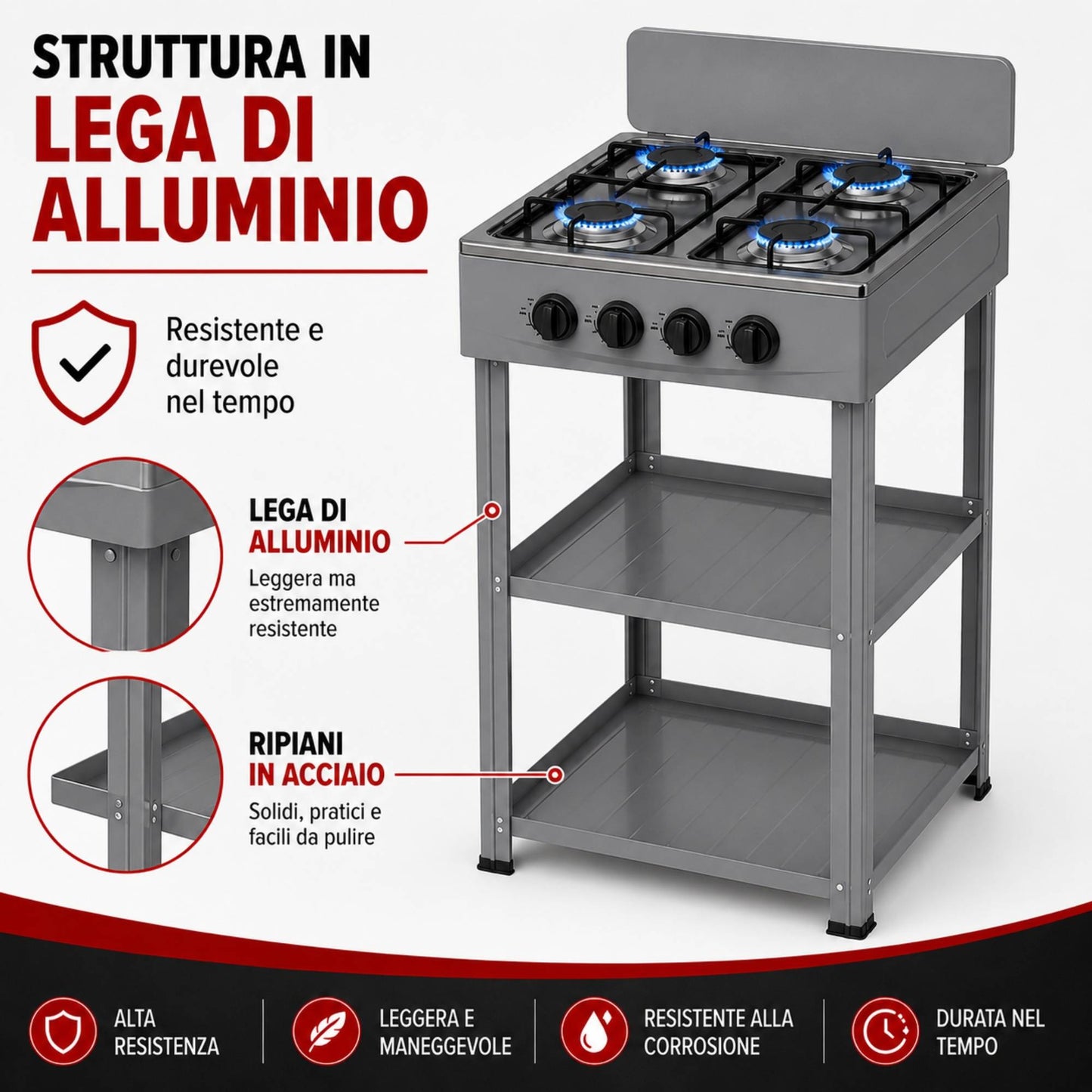 Fornello Gas 4 Fuochi con Ripiani Acciaio Cucina Esterno Mobile Compatto Grigio