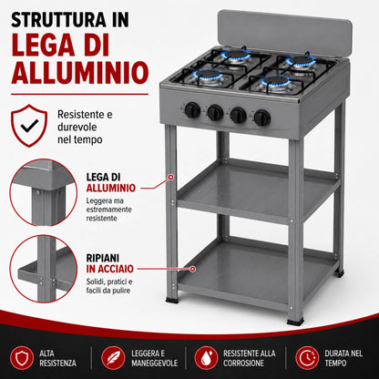 Fornello Gas 4 Fuochi con Ripiani Acciaio Cucina Esterno Mobile Compatto Grigio