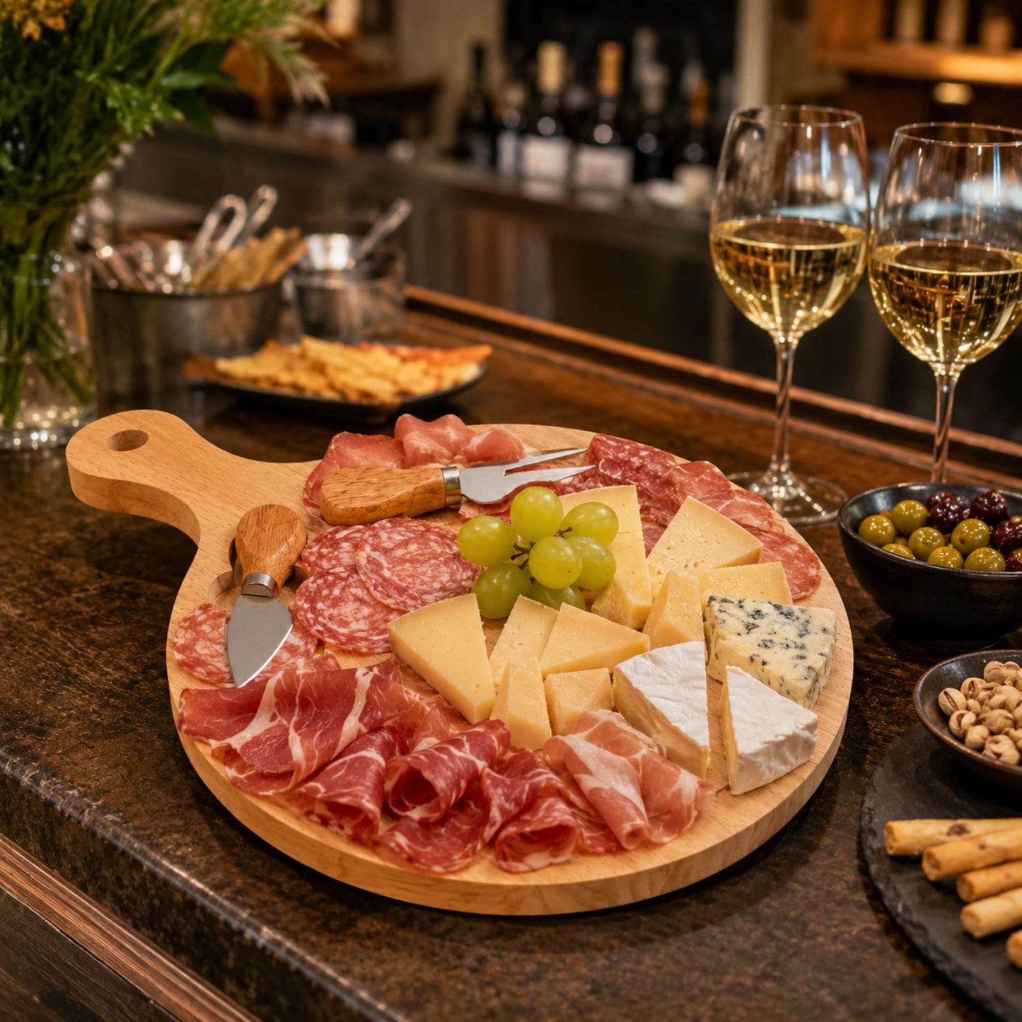 Tagliere Tondo Legno 29,5 cm con 2 Coltelli Formaggio Salumi Aperitivo